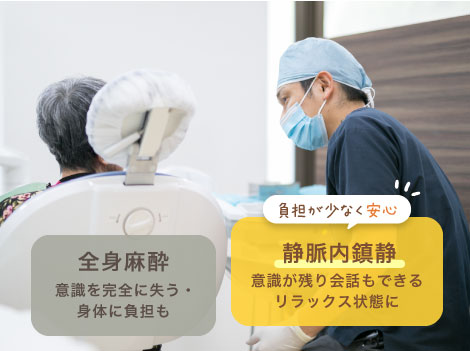全身麻酔:意識を完全に失う・身体に負担も、静脈内鎮静:意識が残り会話もできる・リラックス状態に